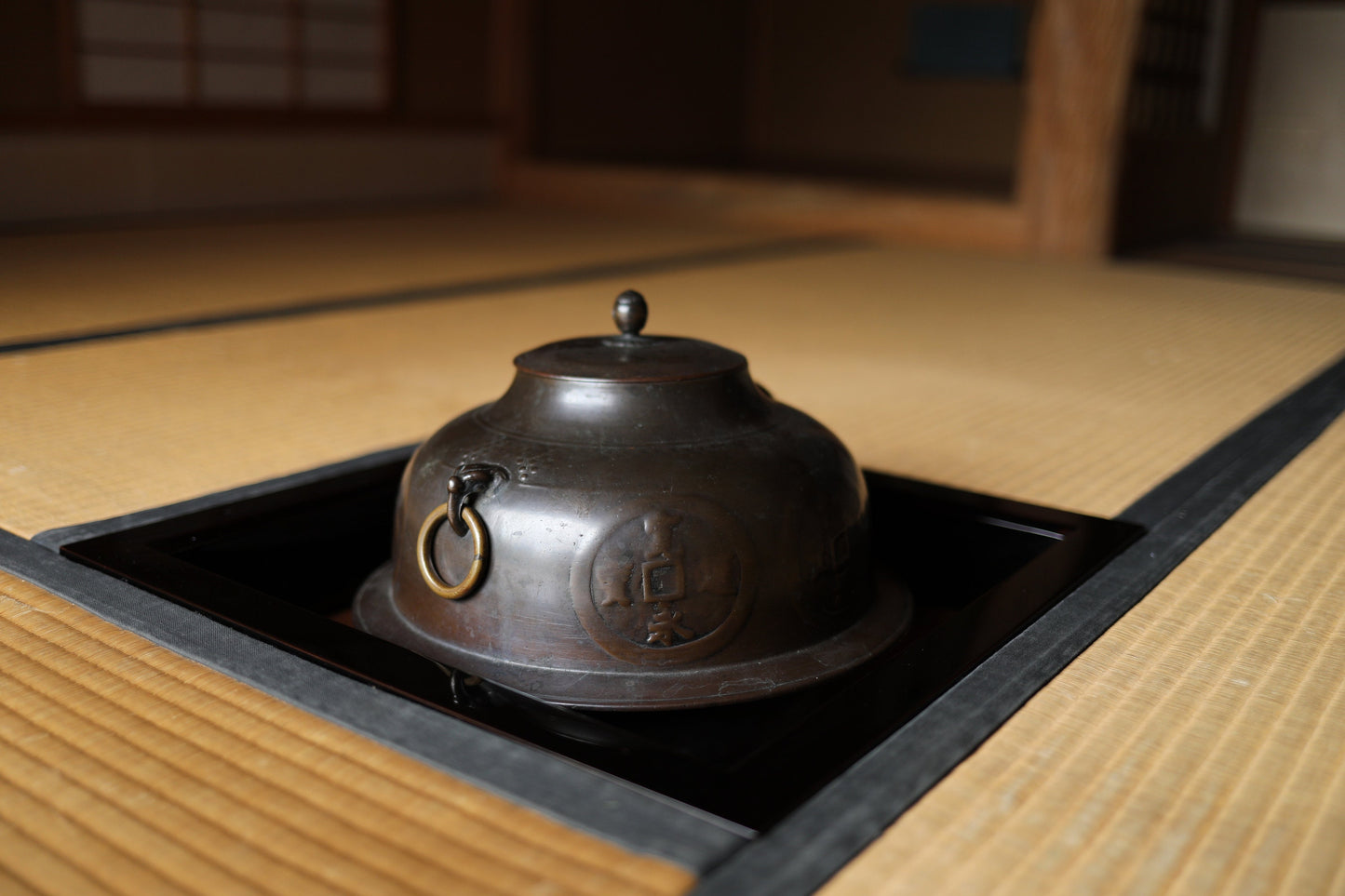 Antique Bronze Tea Kettle – Japanese Tea Ceremony Kettle with Kanji Coin Design