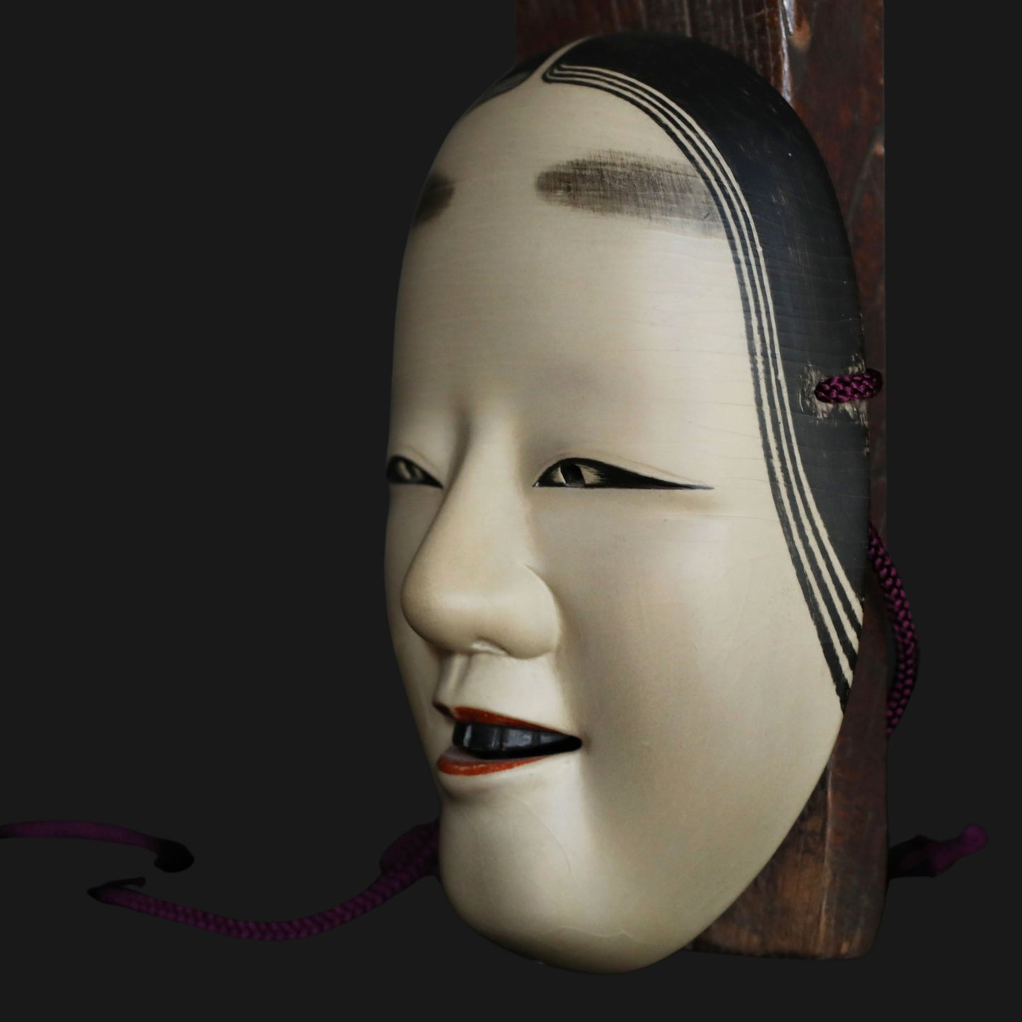 Japanese vintage NOH mask wood carving KOOMOTE wall ornament with silk bag H8in/H20.3cm