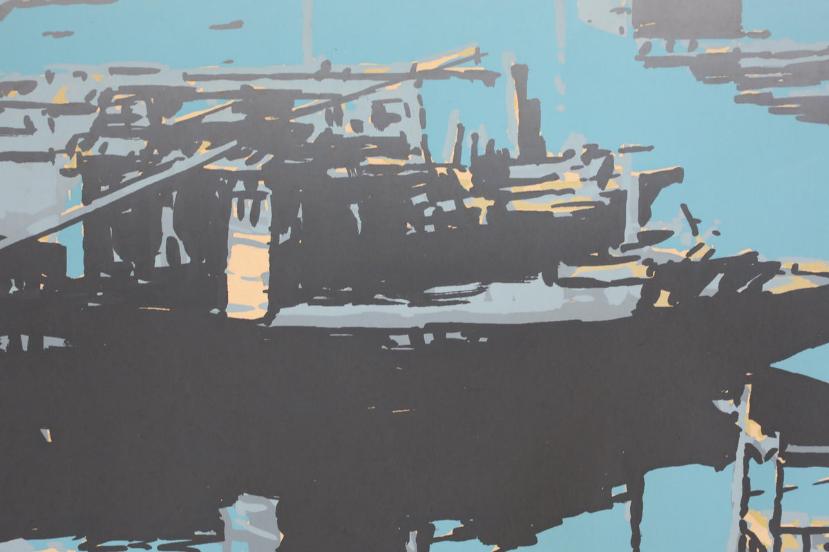 The image is a stylized, abstract representation of a boat or ship, with a mix of dark and light colors, creating a sense of depth and movement.