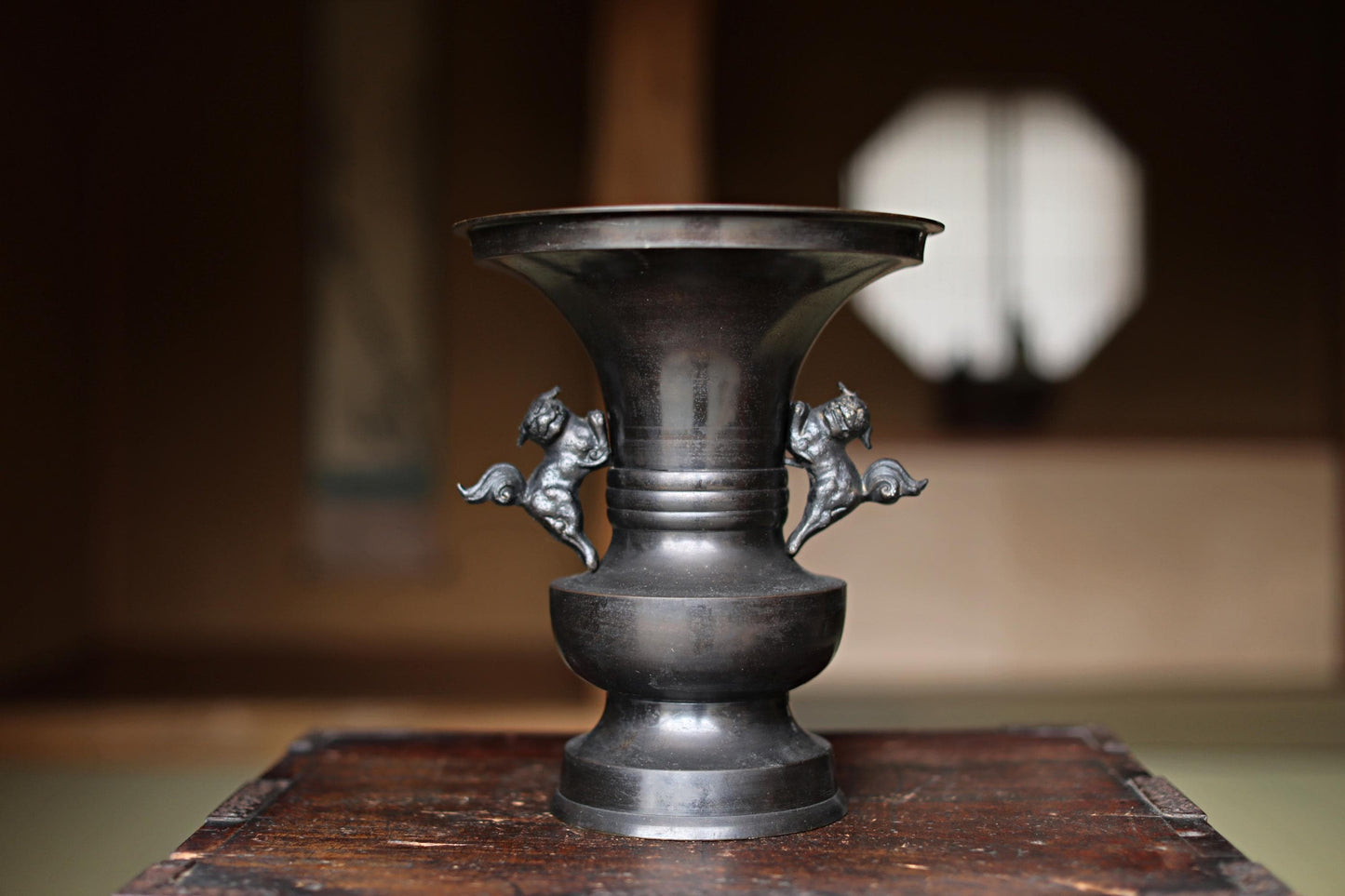 Japanese Bronze Vase - Large Vintage Temple Altar Vessel with Imperial Lion Handles