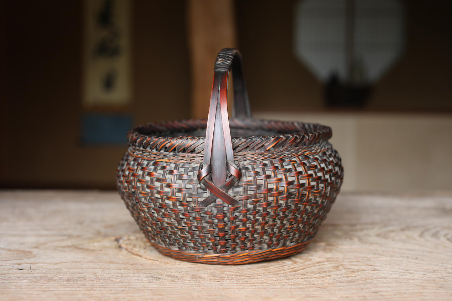 Japanese Bamboo Basket - Vintage Woven Ikebana Flower Display with Smoke Stained Bamboo