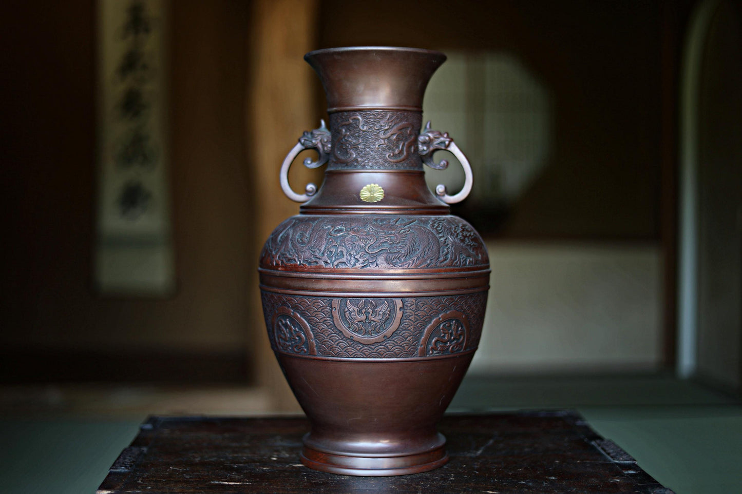 Japanese Bronze Vase – Vintage Dragon Phoenix Relief | Takaoka Copper Art 1950s