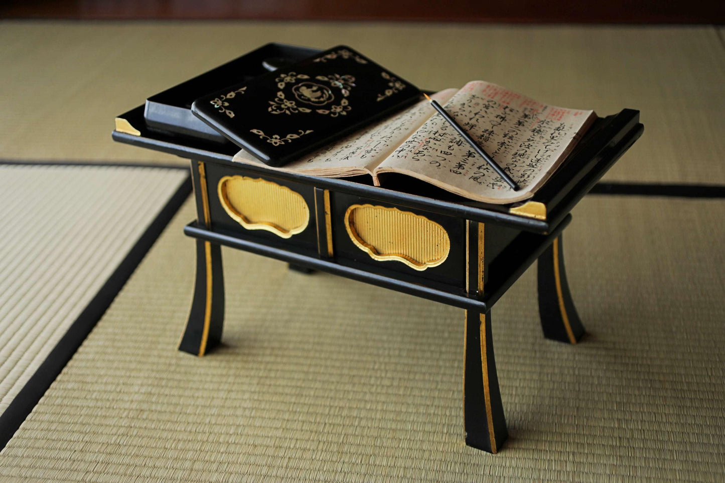 Japanese Buddhist Table - Vintage Lacquer Desk | Sutra Reading Stand, Black Wood Furniture
