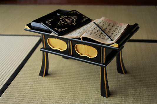 Japanese Buddhist Table - Vintage Lacquer Desk | Sutra Reading Stand, Black Wood Furniture