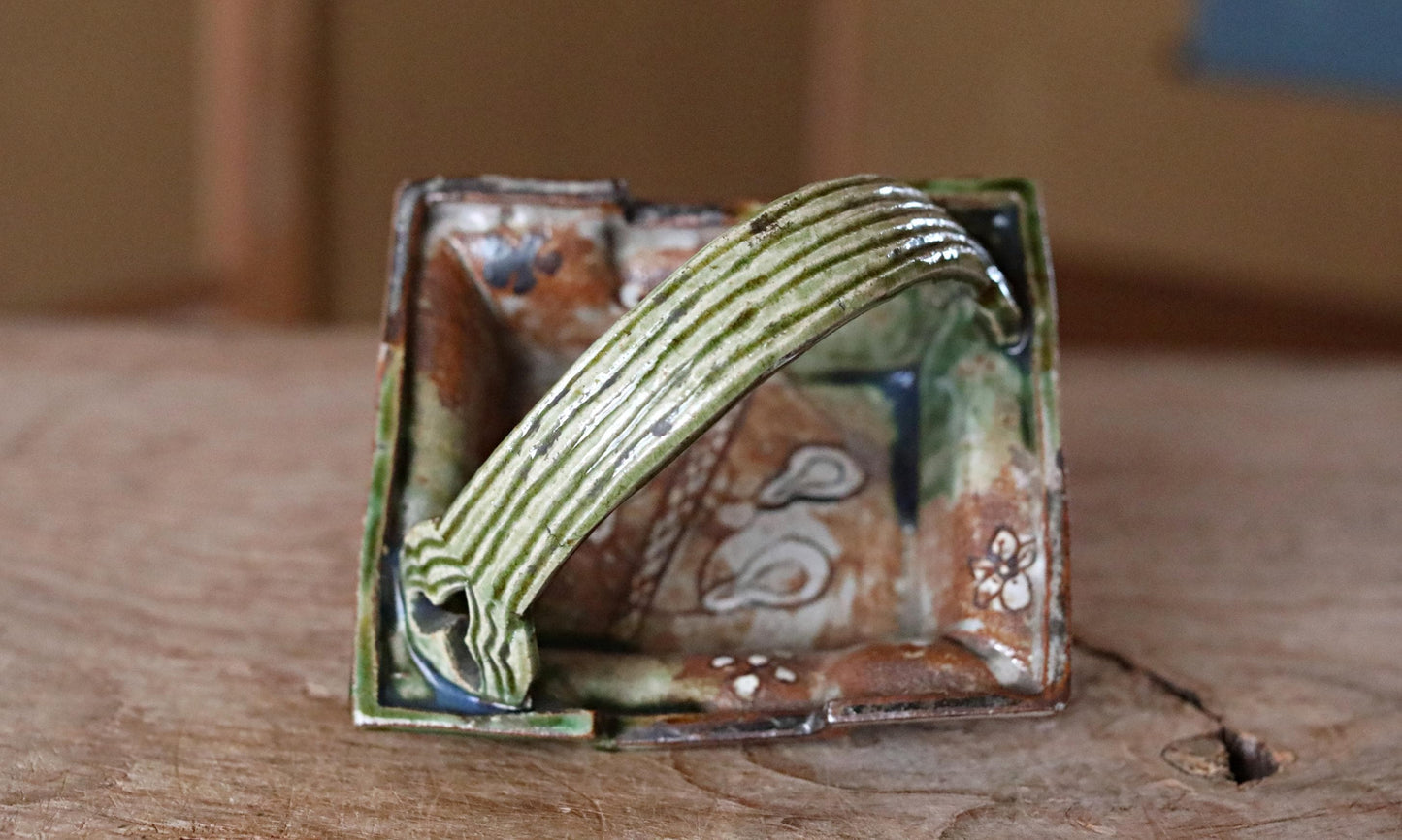 Oribe Ceramic Plate – Japanese Tea Dish with Handle | Antique Pottery Art