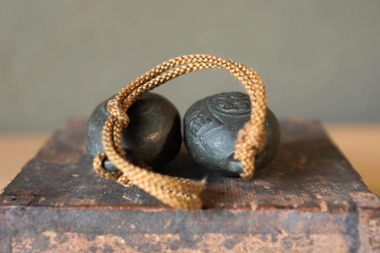 Japanese Bronze Bells - Vintage Bronze Bell Pair with Kanji Suzu for Entryway Display