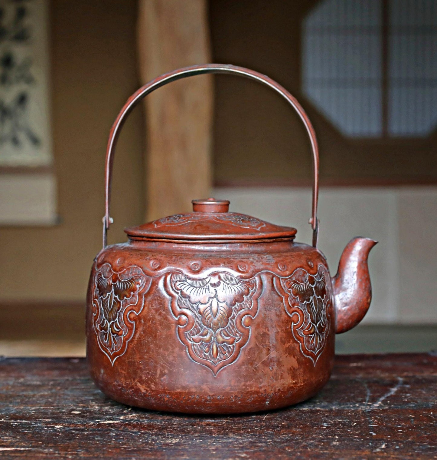 Antique Copper Kettle - Handcrafted Japanese Tea Pot With Engraved Metalwork