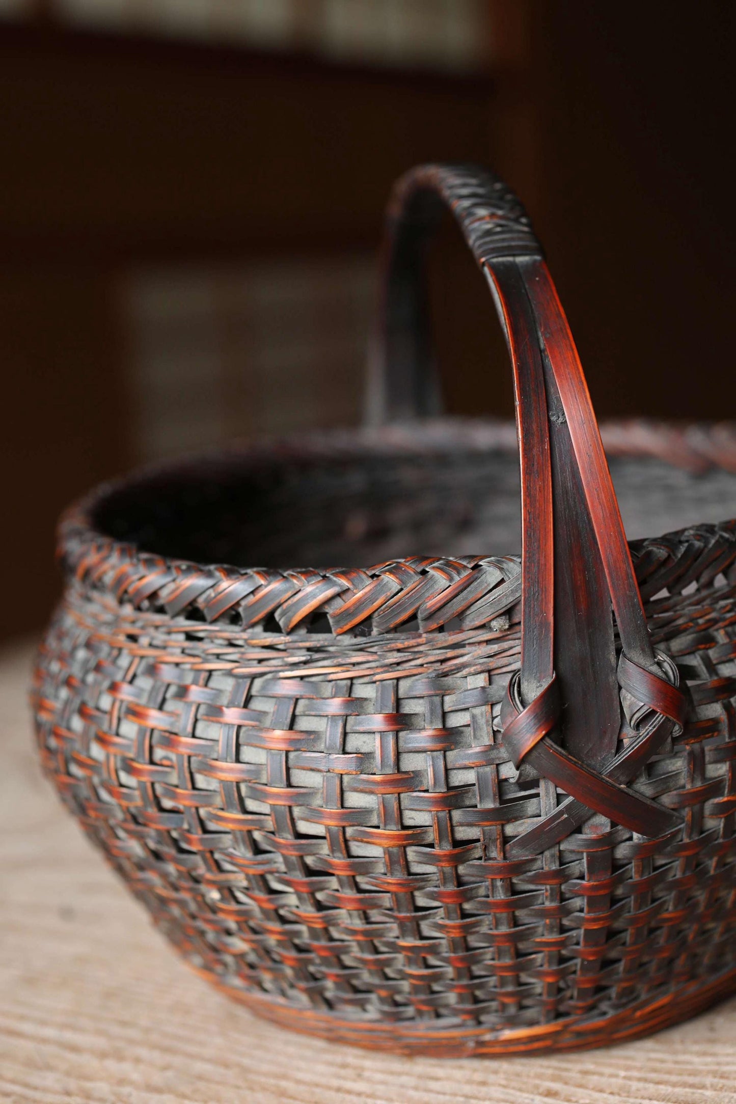 Japanese Bamboo Basket - Vintage Woven Ikebana Flower Display with Smoke Stained Bamboo