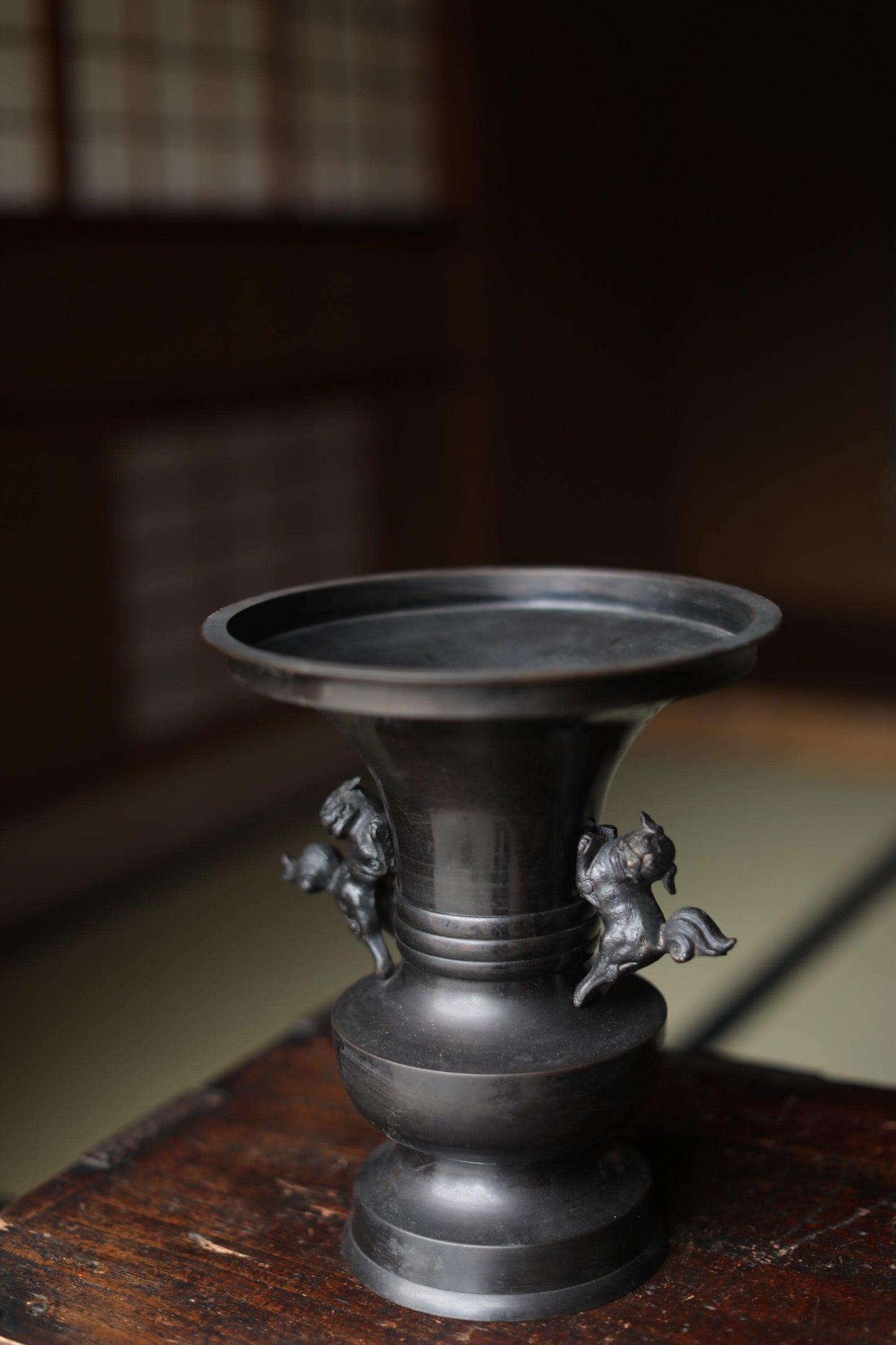 Japanese Bronze Vase - Large Vintage Temple Altar Vessel with Imperial Lion Handles