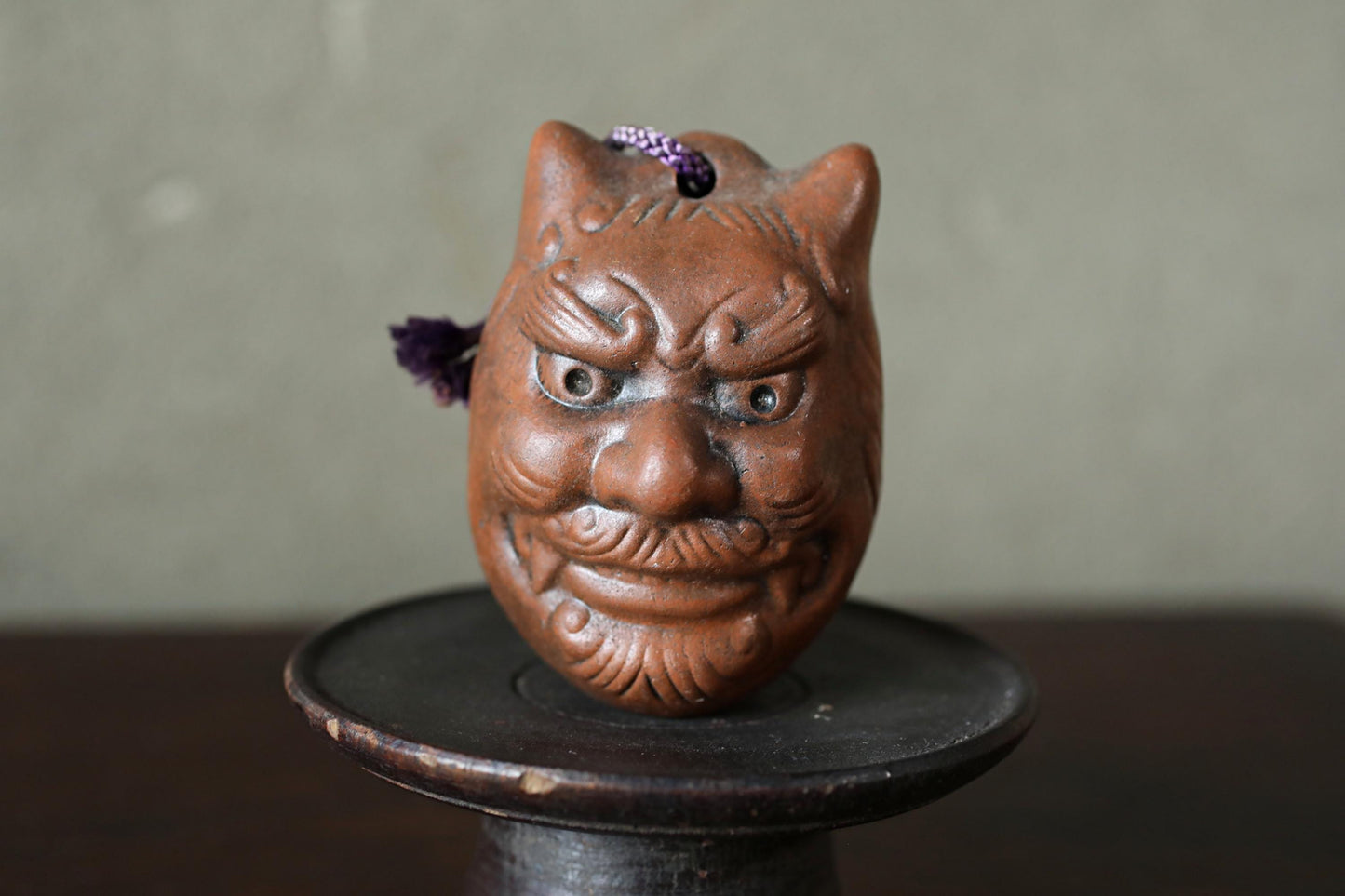 Japanese Pottery Bell - Vintage Oni Demon & Okame Mask Doll Ornament