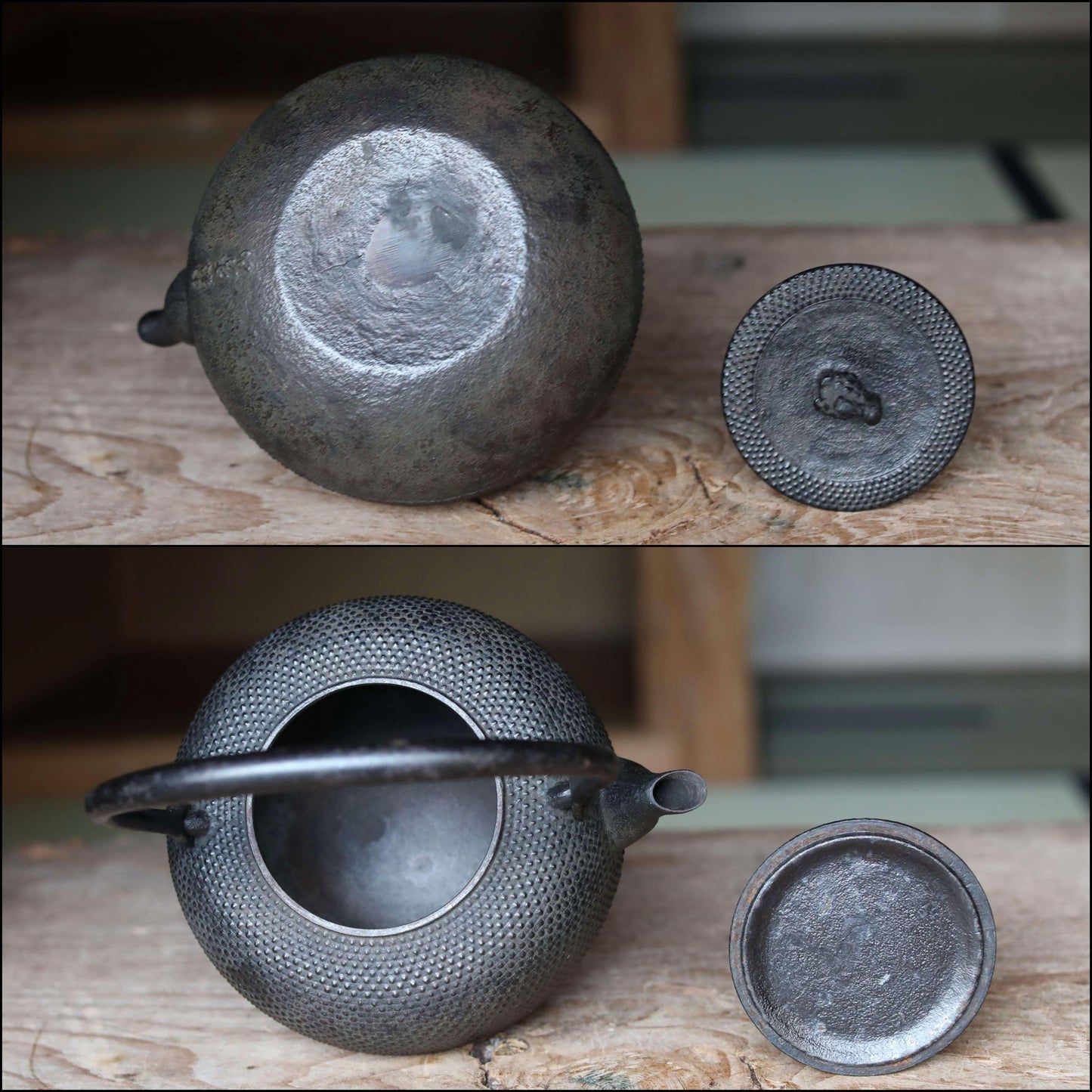 a collection of black metal tea kettles and tea pots, arranged on a wooden surface.