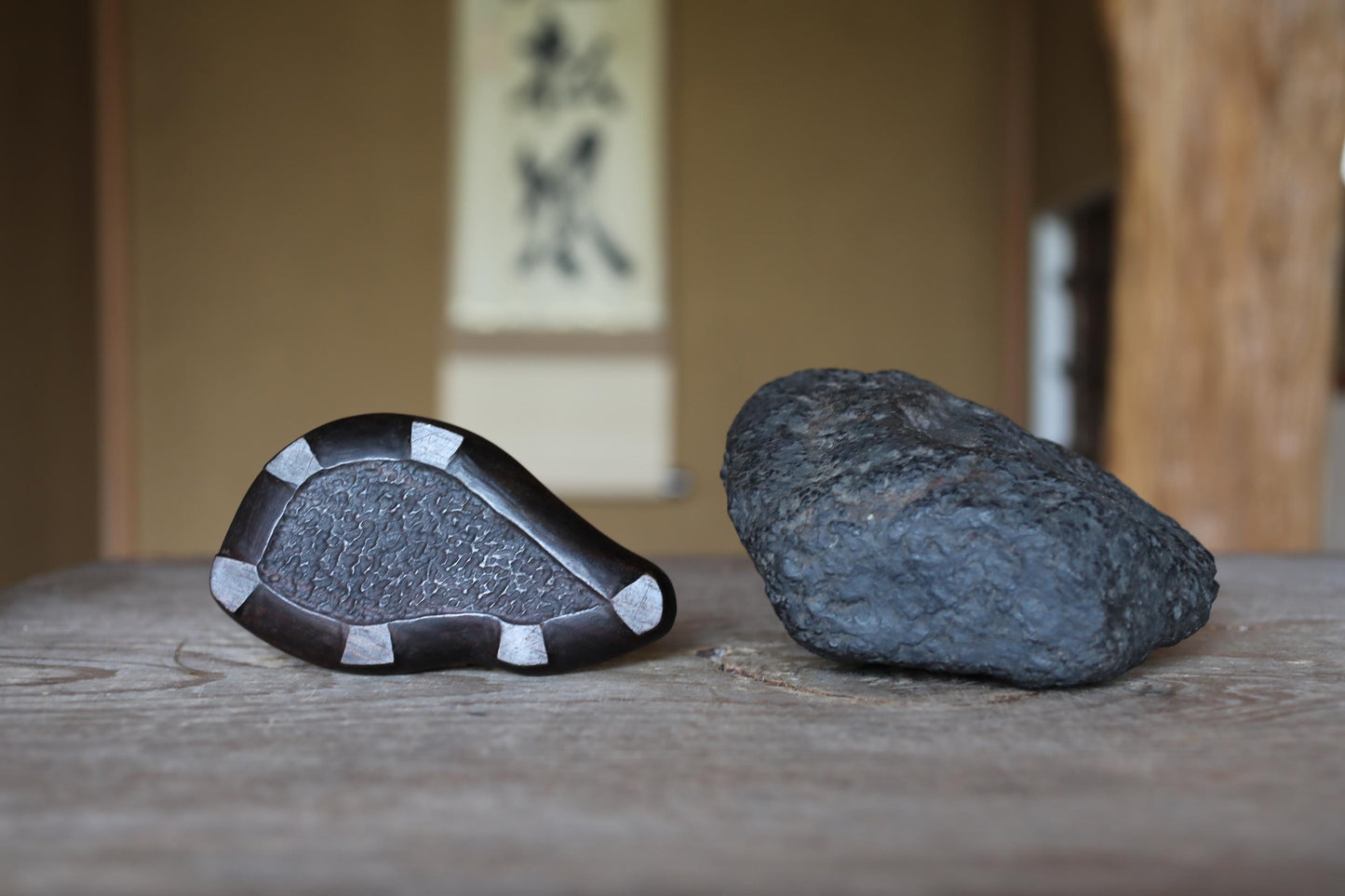 Japanese Suiseki Stone - Natural Shaped Viewing Stone With Hand Carved Pedestal