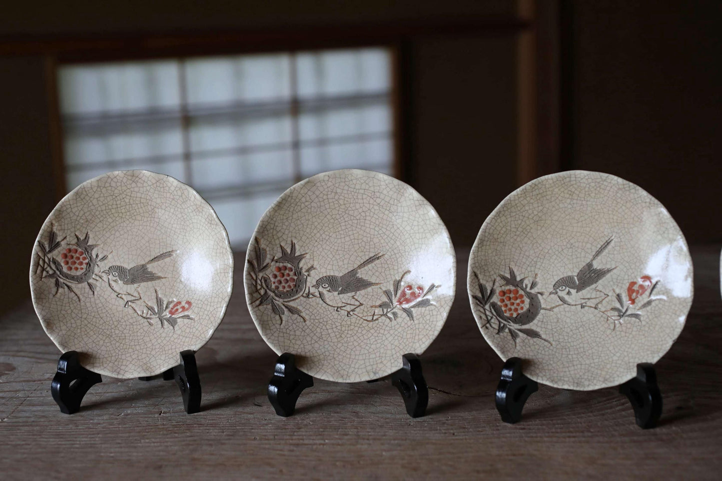 Shino Plates Set - Japanese Antique Tableware | Bird Pomegranate Design, 5 Handmade Ceramic Plates