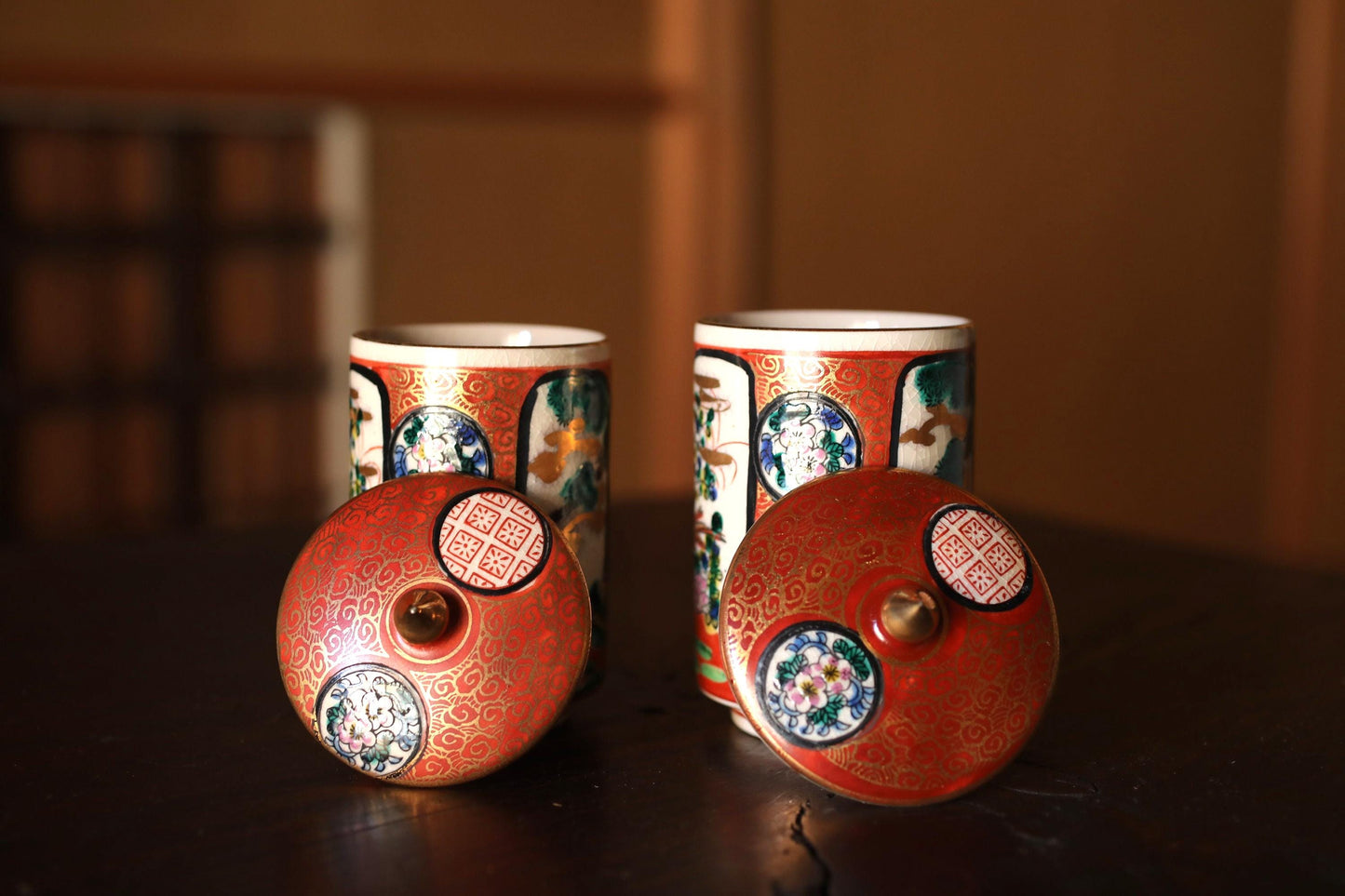 Kutani Antique Tea Cups – Pair Gold Kinrande Lidded Porcelain Cups Gift Set