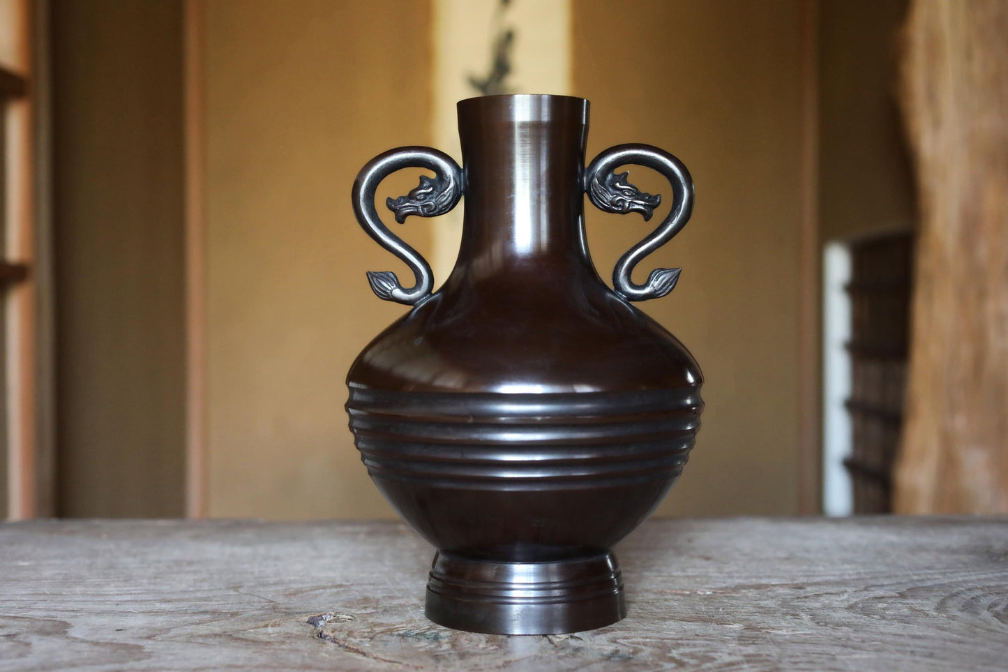 Vintage Japanese Vase - Bronze Dragon Handle Vase with Metallic Dark Brown Finish (H9.4in)
