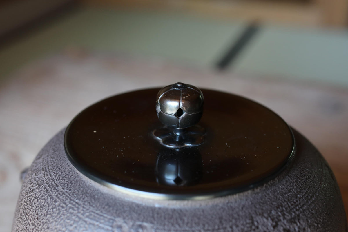 A close-up view of a dark-colored ceramic object, possibly a teapot or vase, with a metallic ball or knob on top.