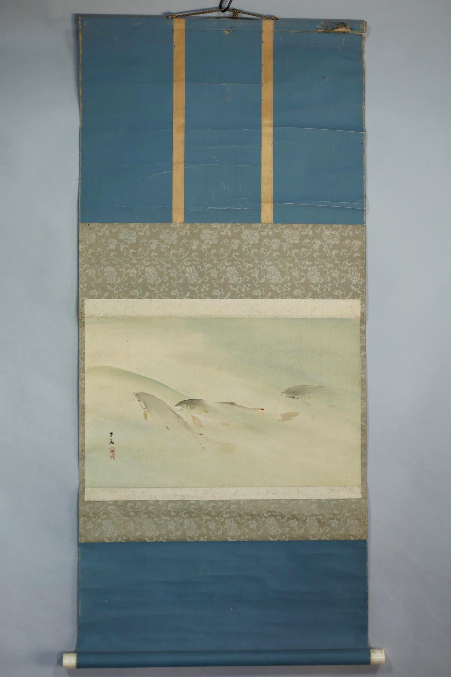 Japanese Watercolor Scroll - Antique Meiji Era Sweetfish Ayu Painting | Signed Kakejiku