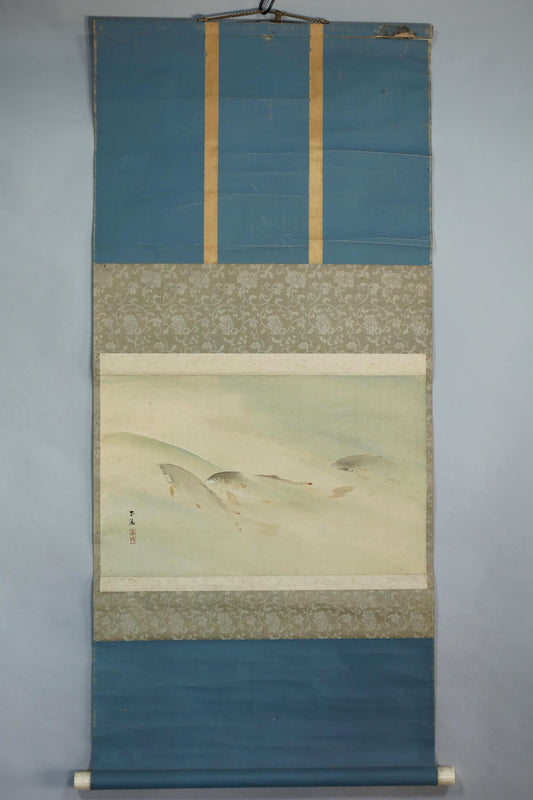 Japanese Watercolor Scroll - Antique Meiji Era Sweetfish Ayu Painting | Signed Kakejiku