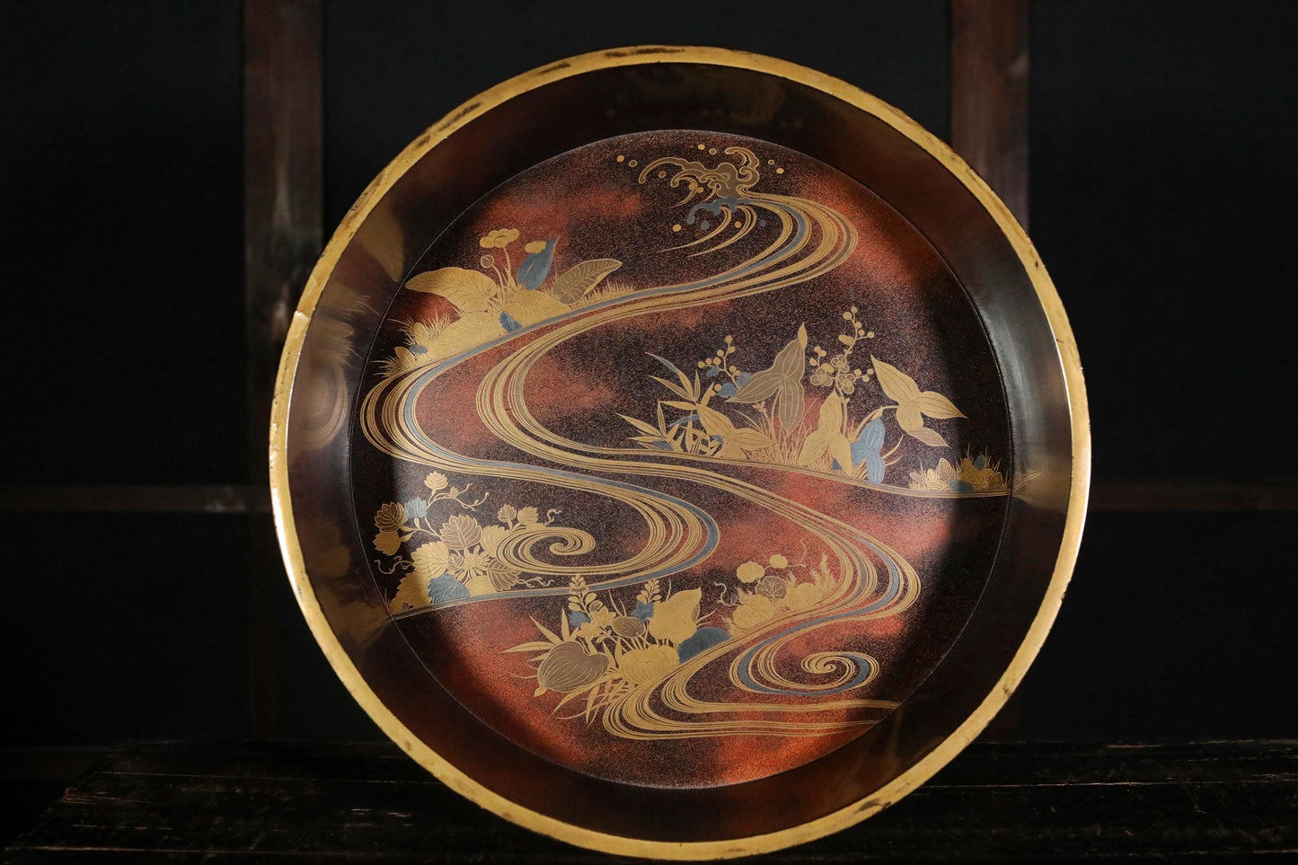 Japanese Antique Lacquer Tub - Gold Makie Wooden Bath Vessel With Floral River Painting