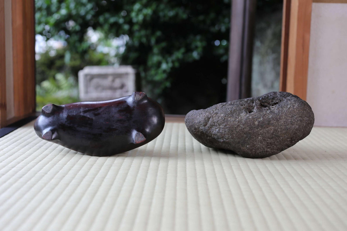 Two objects are placed on a white surface, one being a dark-colored object and the other a large, dark-colored rock.