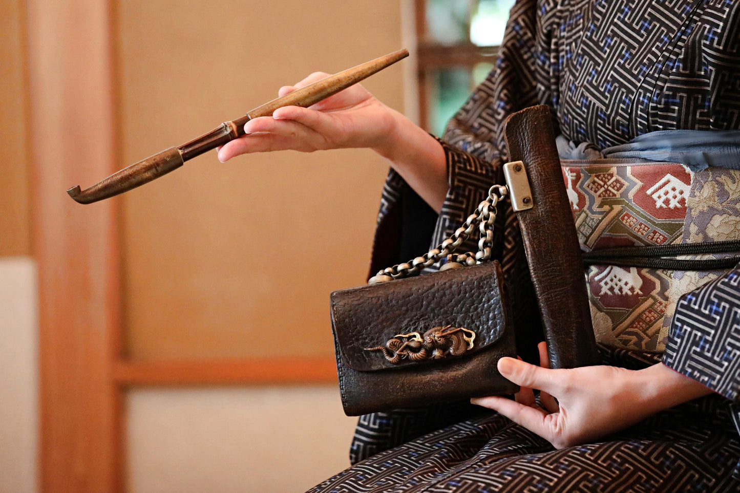 Japanese Antique Kiseru Pipe - Rare Edo Period Brass & Silver Tobacco Pipe With Dragon Engraved Leather Case