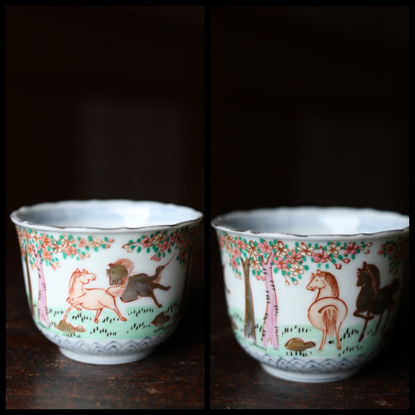 Kutani Sobachoko Cups - Antique Porcelain Tea & Sake Set with Hand-Painted Horses, Floral Rim Design