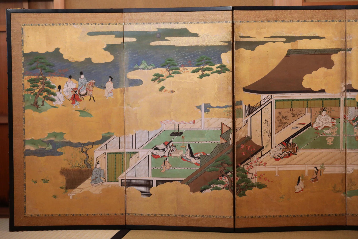 Antique Japanese Byobu Folding Screen - Edo Period Tale of Genji Art, Gold Leaf Decor