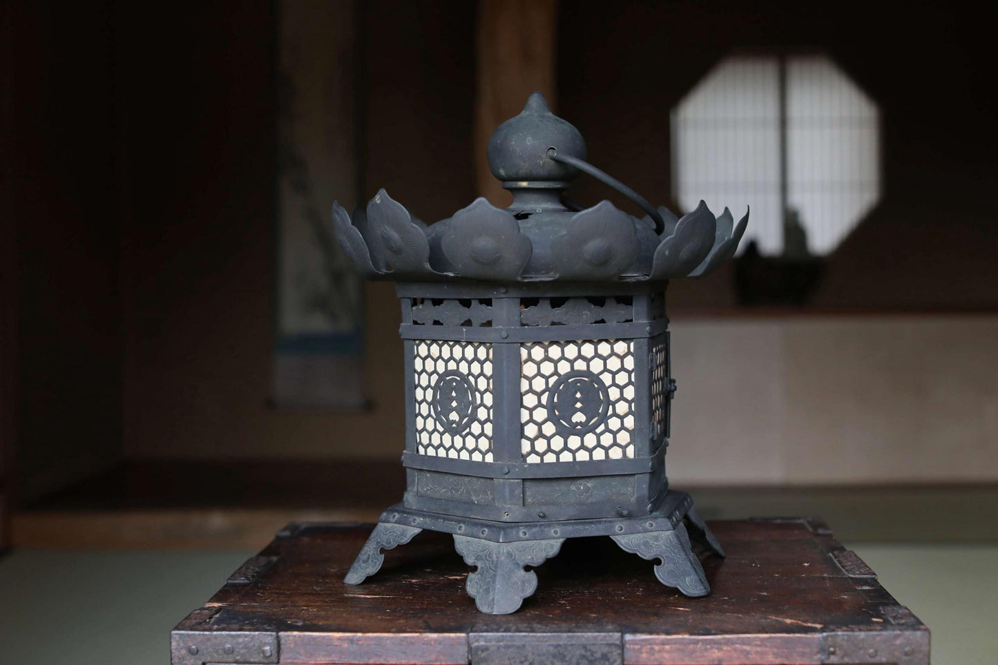 Japanese Buddhist Lantern - Antique Bronze Hanging Temple Lantern with Lotus Flower Design