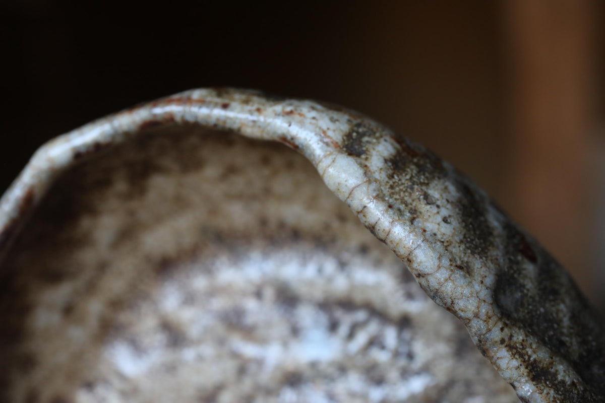 A close-up view of a textured ceramic bowl or dish, with a blurred background.