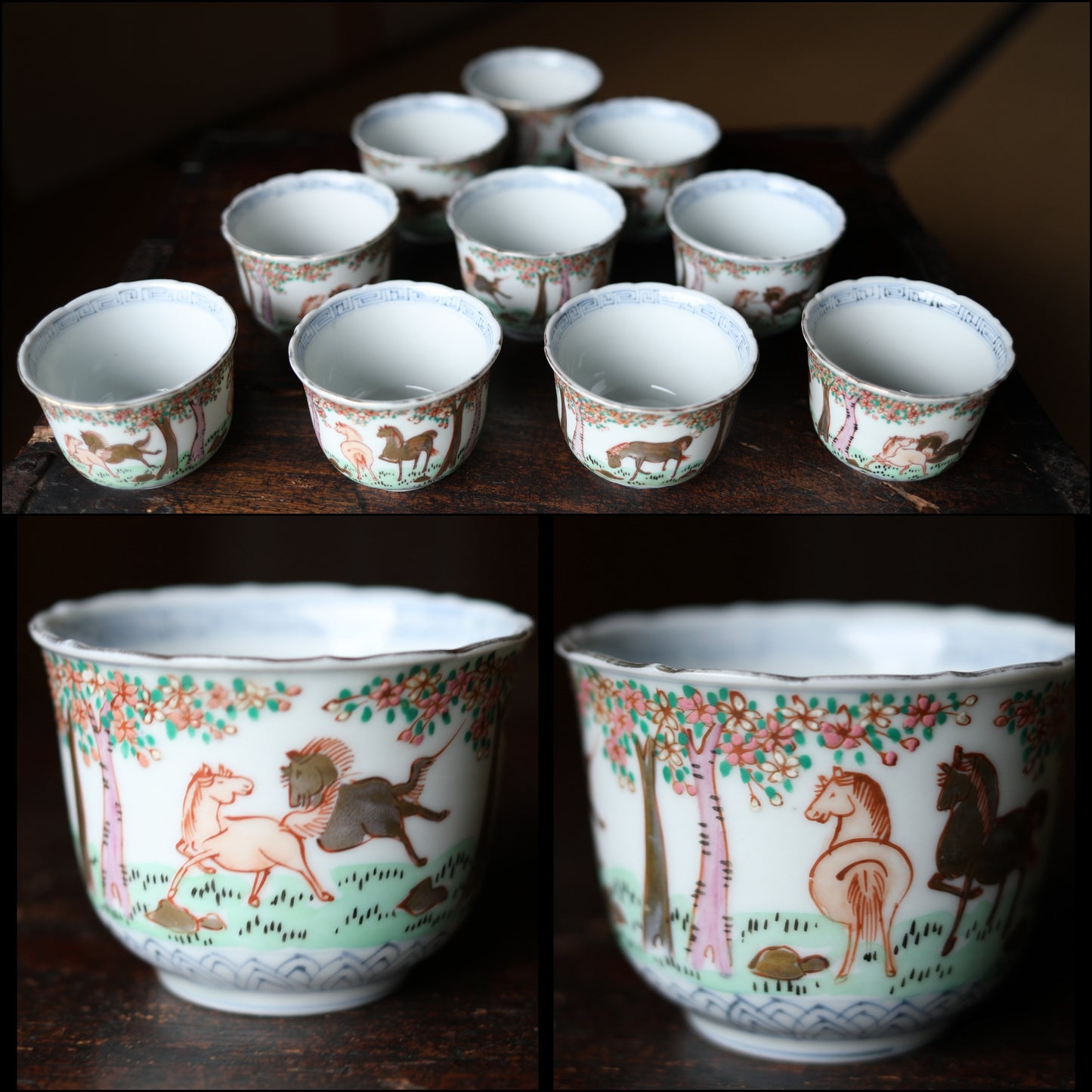 Kutani Sobachoko Cups - Antique Porcelain Tea & Sake Set with Hand-Painted Horses, Floral Rim Design