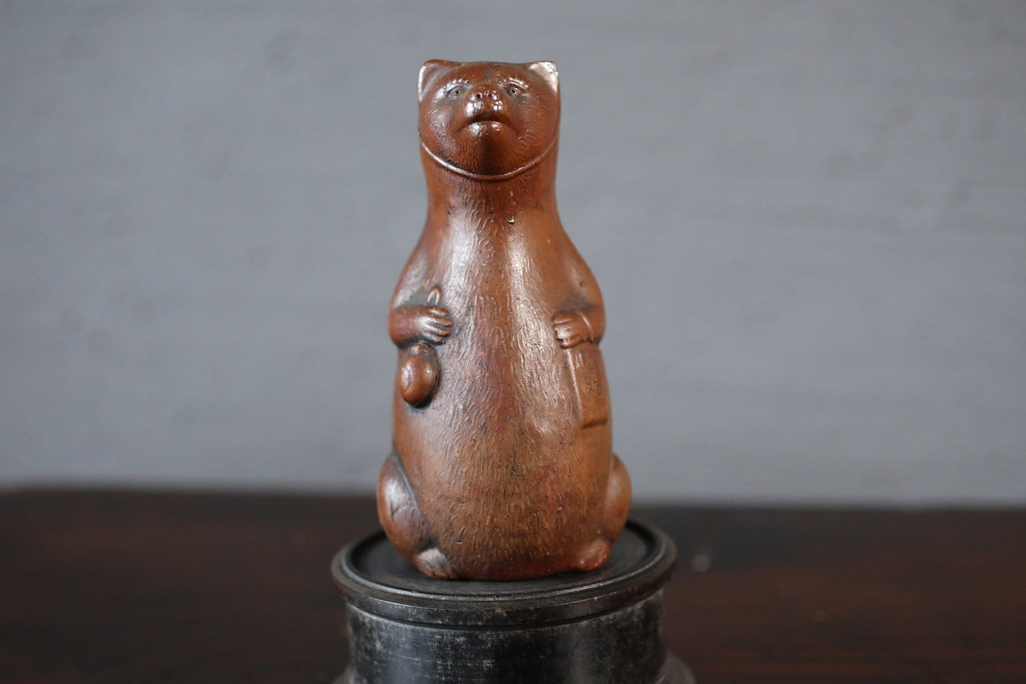 Bizen Ware Sake Bottle - Antique Japanese Pottery Tokkuri with Raccoon Dog Ornament