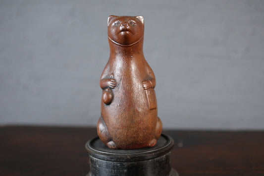 Bizen Ware Sake Bottle - Antique Japanese Pottery Tokkuri with Raccoon Dog Ornament