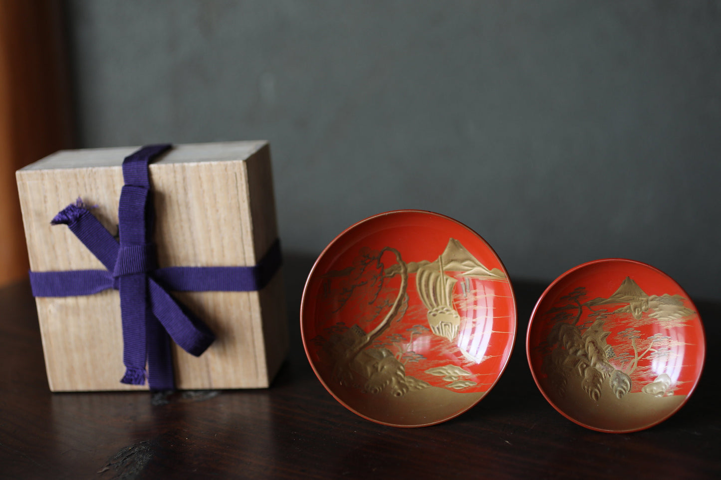 Japanese Urushi Sake Cups - Pair of Gold Makie Design Wooden Mt Fuji Cups