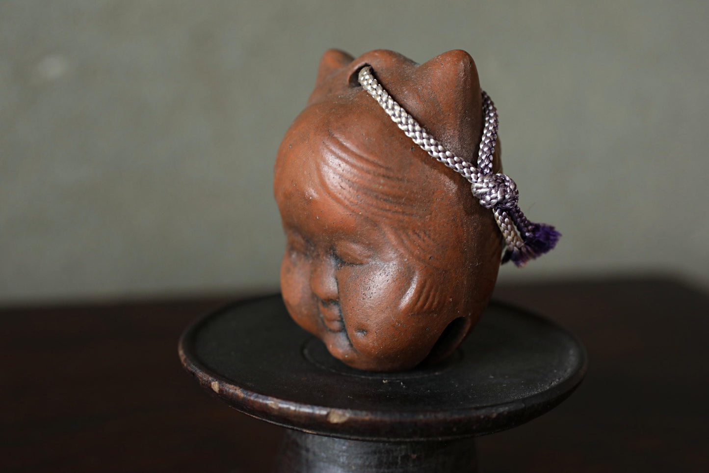 Japanese Pottery Bell - Vintage Oni Demon & Okame Mask Doll Ornament