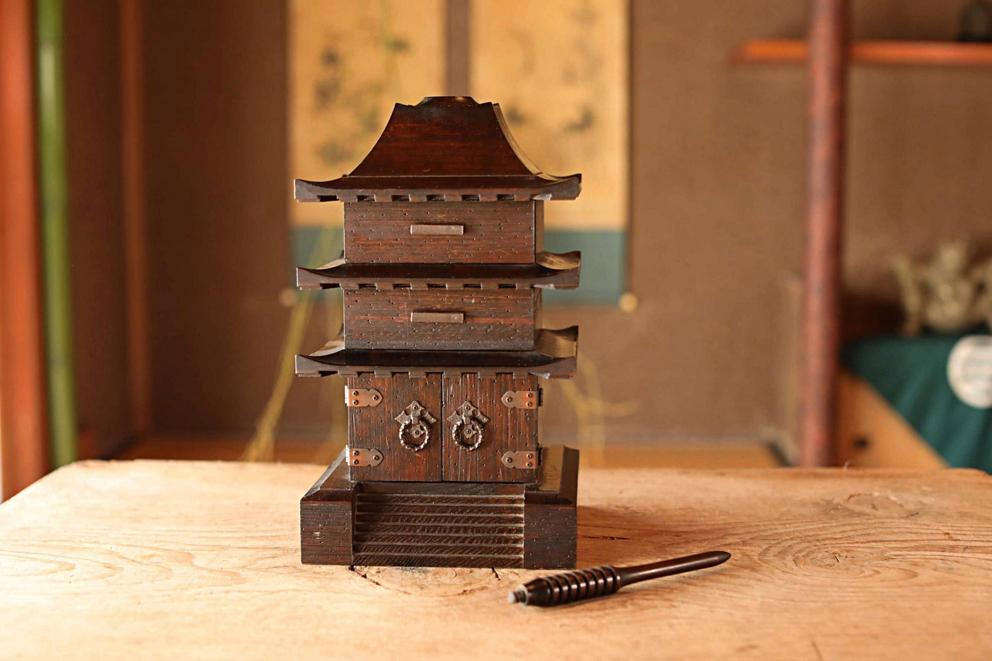 Wooden Pagoda Chest - Japanese Three Tier Drawer with Buddhist Decor Storage