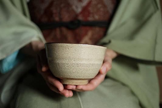 A person's hands holding a small, white ceramic bowl.