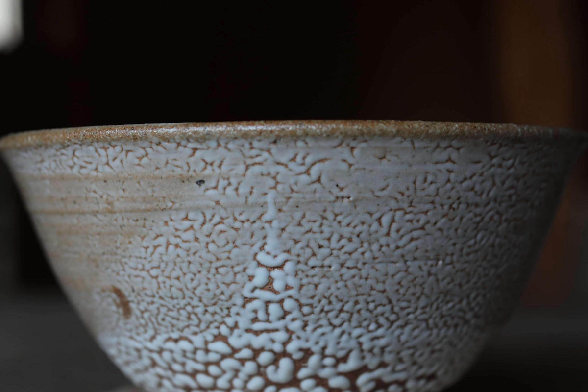 A close-up image of a white ceramic bowl with a textured, speckled surface.