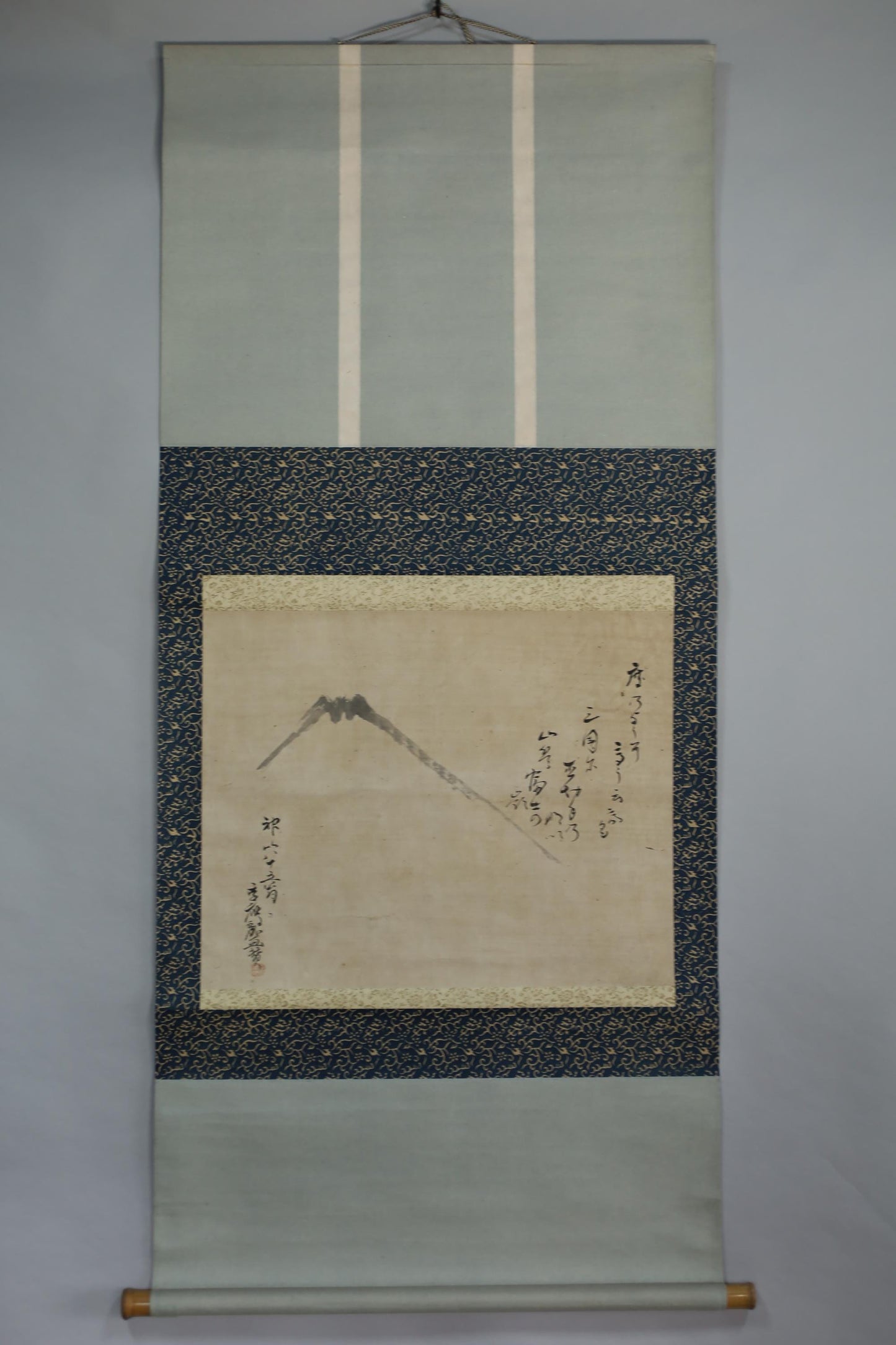 Antique Japanese Zen Scroll – Mt Fuji Ink Painting with Kanji Calligraphy & Bamboo Rollers