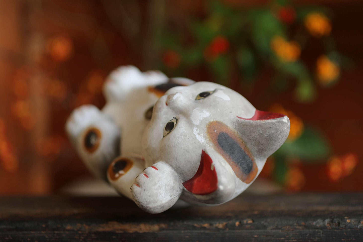 Japanese Antique Cat Doll - White Maneki Neko Statue | Vintage Ceramic Lucky Cat Money Box