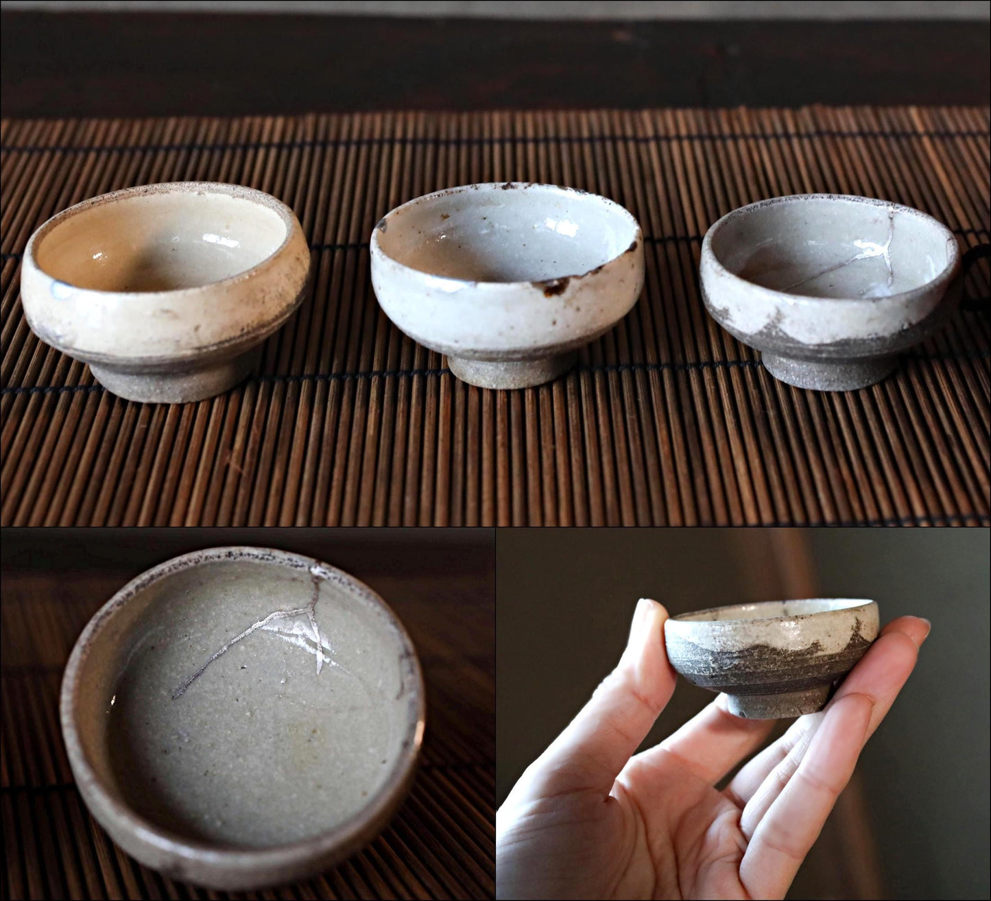 Antique Karatsu Sake Cups Set – Japanese Pottery with Kintsugi Silver Repair