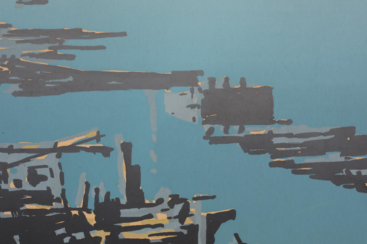 The image is an abstract painting with a blue background and various shapes and lines, including a large structure in the center.