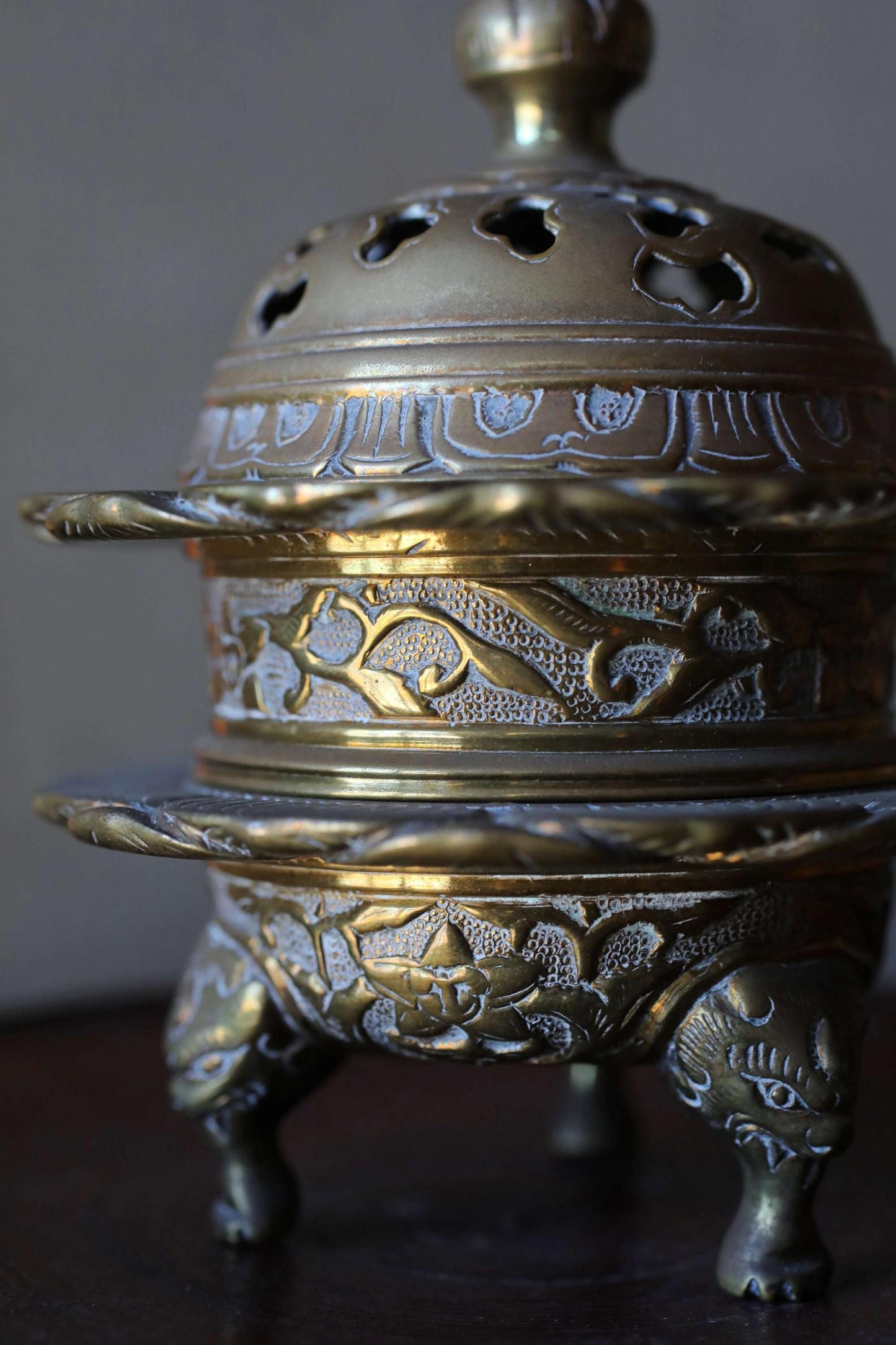 Antique Brass Censer - Buddhist Incense Burner With Lotus Flower Lid & Lion-Footed Design