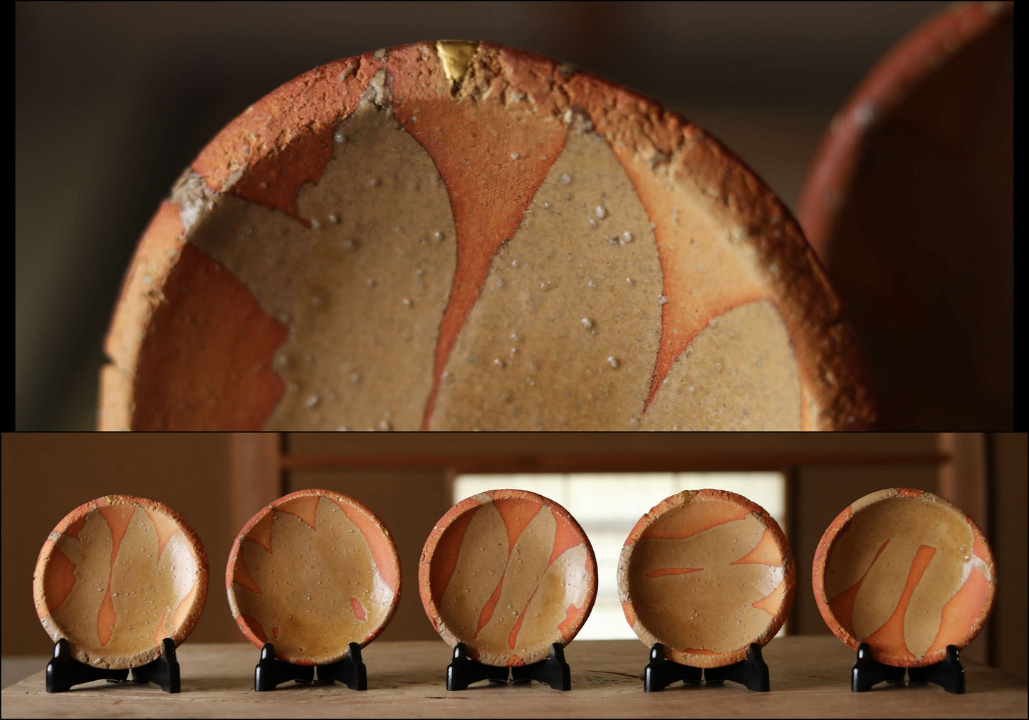 Shigaraki Ware Plates – Set of Five Vintage Japanese Ceramic Plates with Gold Kintsugi Repair