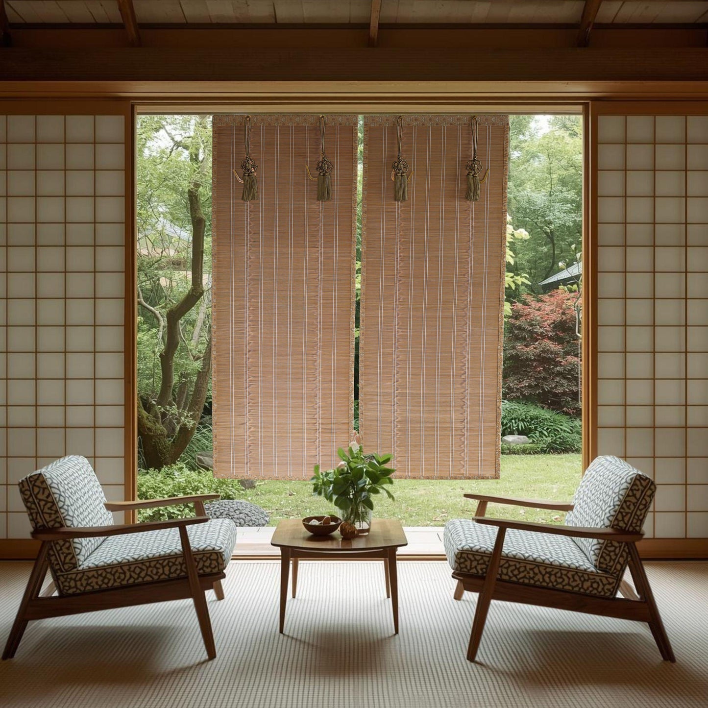 a serene and minimalist living space with a view of a lush garden through a large window. The room is furnished with two patterned armchairs and a wooden coffee table, creating a cozy seating area. The room is adorned with wooden blinds that allow natural light to filter in, and a small potted plant adds a touch of greenery to the space. The overall design and layout of the room create a harmonious and tranquil atmosphere.