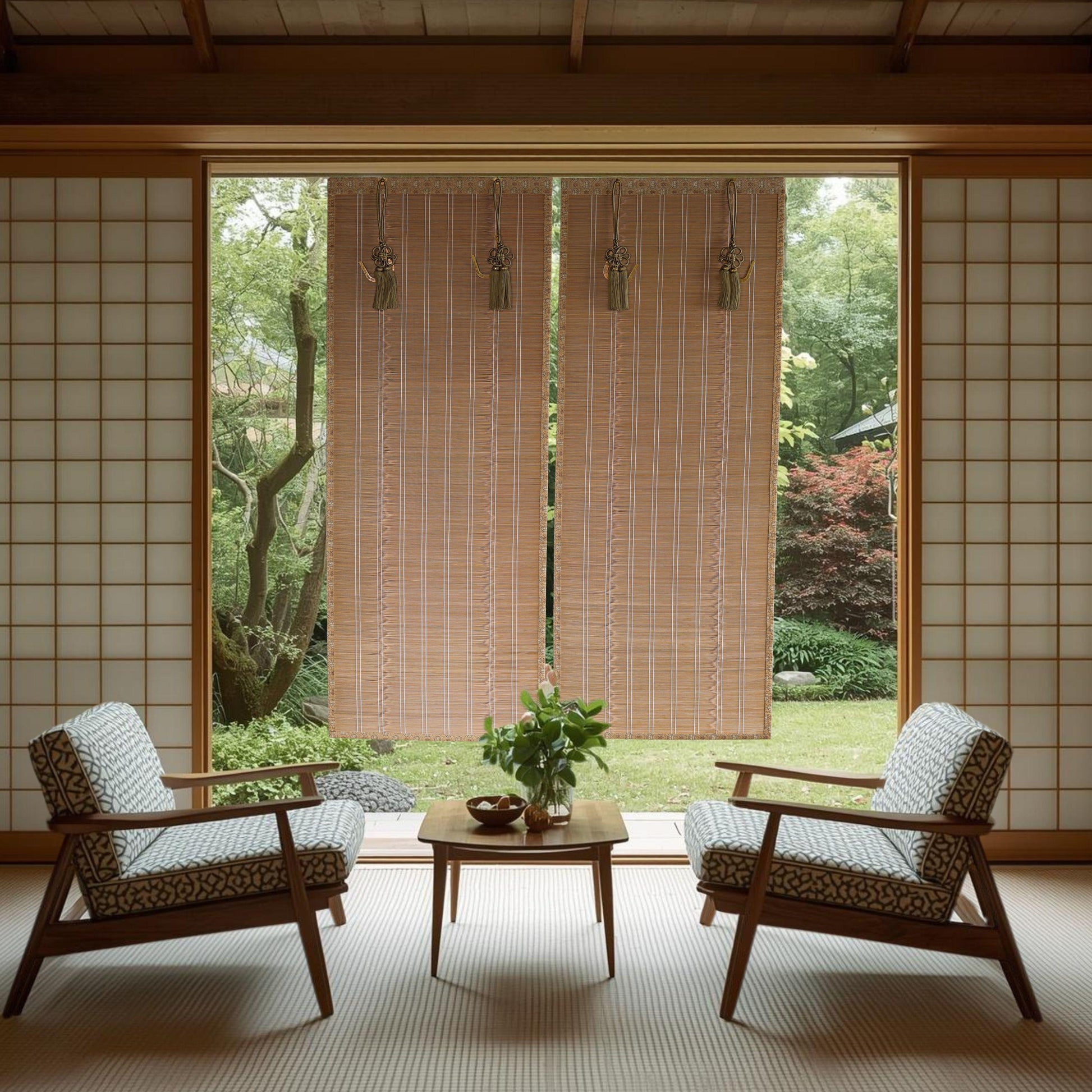 a serene and minimalist living space with a view of a lush garden through a large window. The room is furnished with two patterned armchairs and a wooden coffee table, creating a cozy seating area. The room is adorned with wooden blinds that allow natural light to filter in, and a small potted plant adds a touch of greenery to the space. The overall design and layout of the room create a harmonious and tranquil atmosphere.