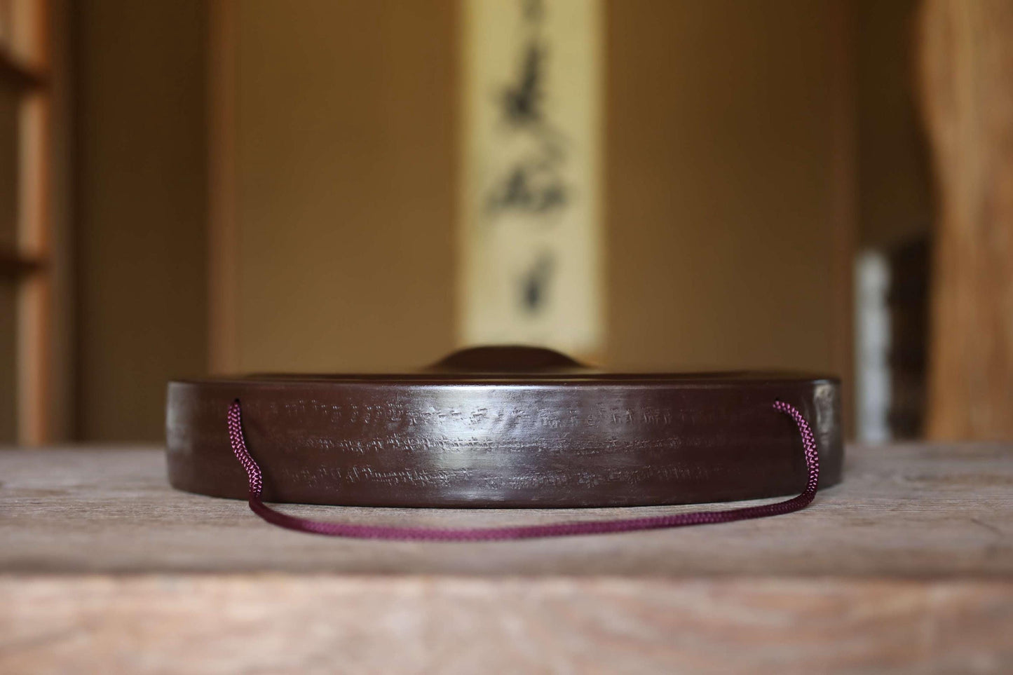 Japanese Bronze Gong - Large Antique Tea Ceremony Bell with Leather Striker | Vintage Buddhist Instrument 13.2in