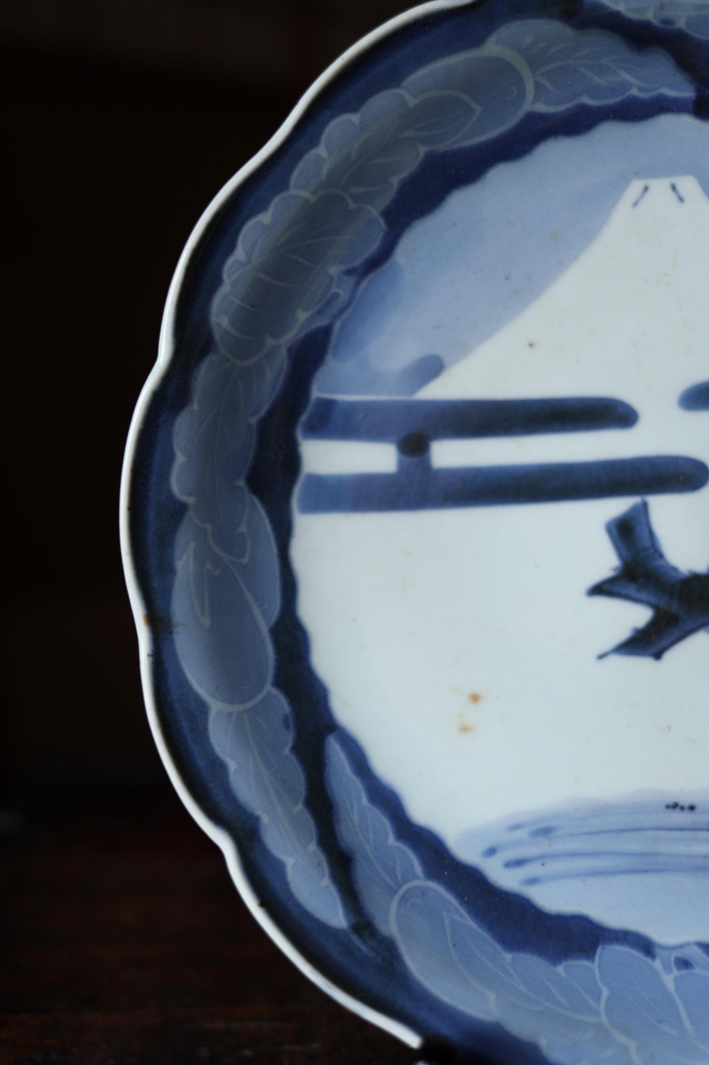 Antique Ko-Imari Plate – Hand Painted Mt Fuji Indigo Porcelain Dish, Edo Period