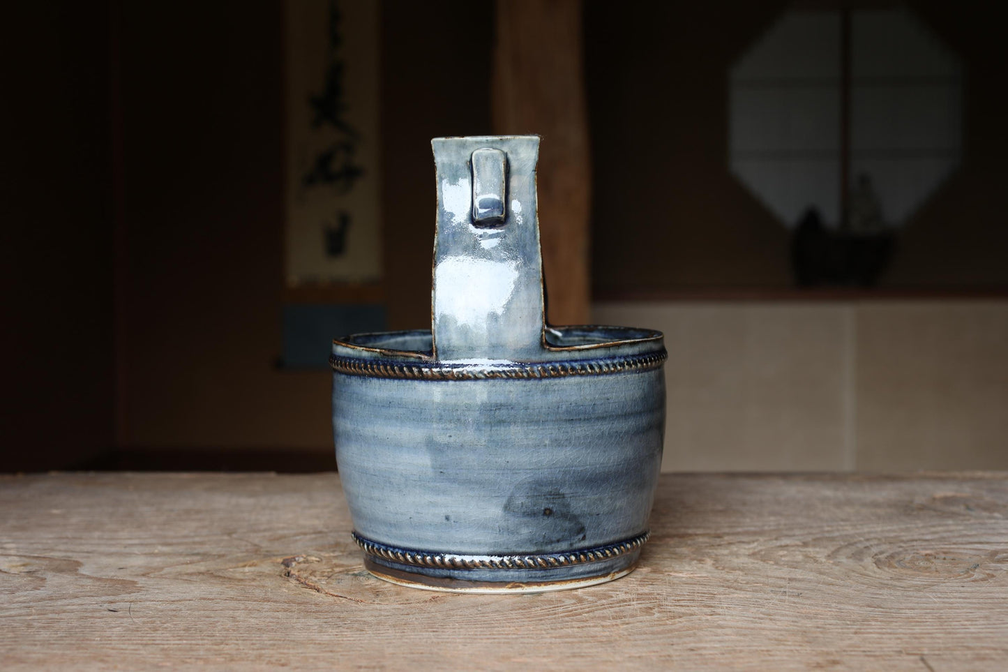 Japanese Vintage Flower Vase - Kiyomizu-Yaki Pottery Indigo Ceramic Teoke Design