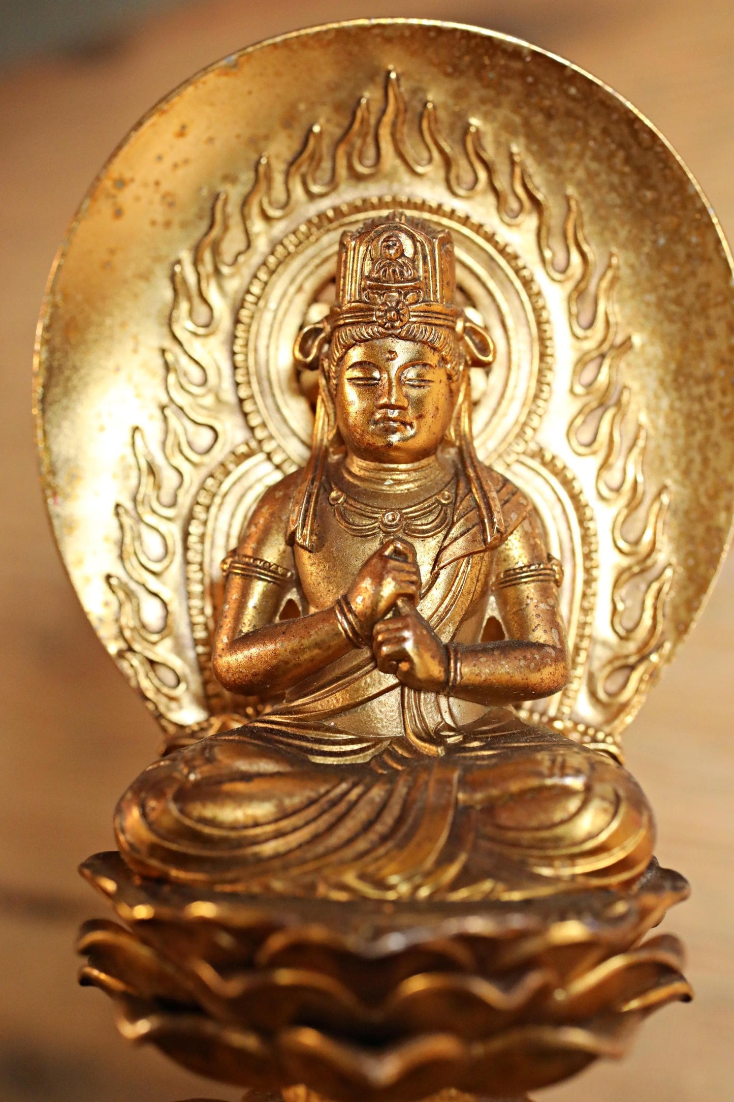 Mahavairocana Buddha Statue – Japanese Gold Metal Sculpture, Intricate Carving 15cm