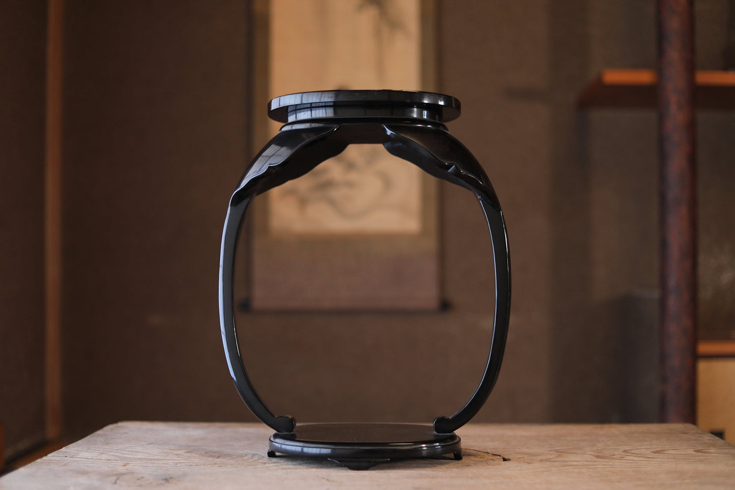 Japanese Lacquer Pedestal - Large Antique Black Wooden Display Stand for Ikebana & Bonsai